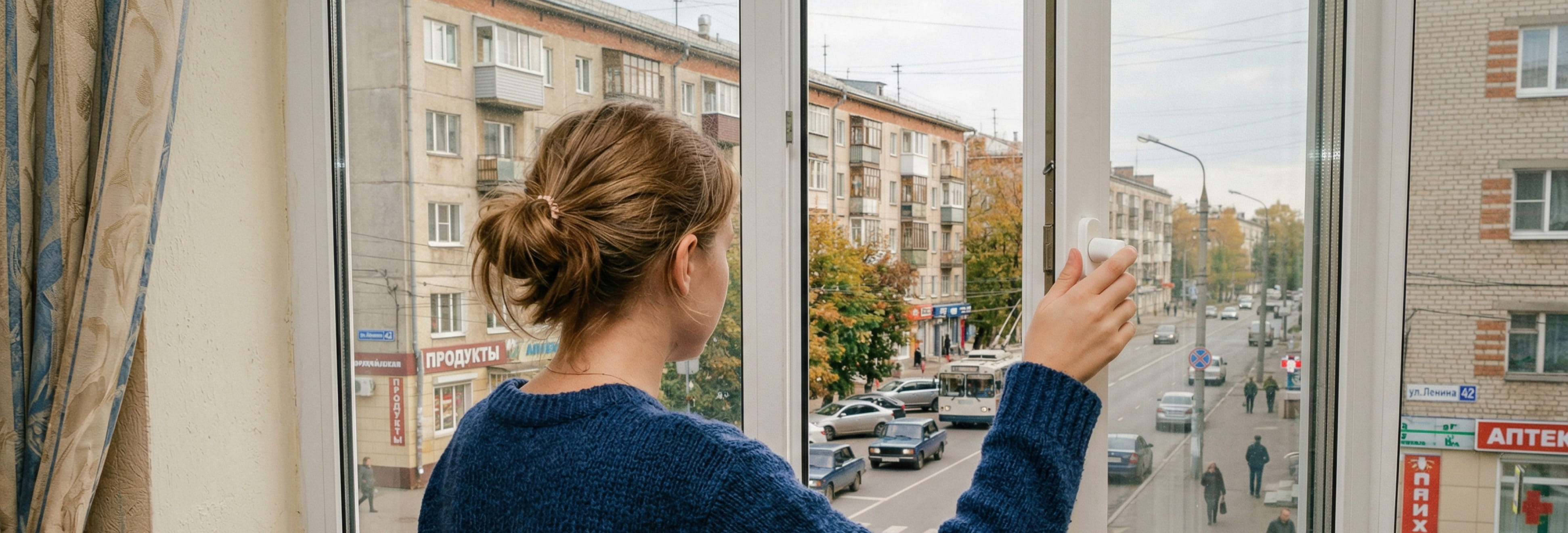 Девушка смотрит в открытое пластиковое окно